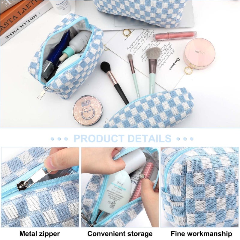 EIMMBD Makeup Bag 3 Pieces Large Capacity Checkered Cosmetic Bag Canvas Travel Toiletry Bag Organizer Cute Makeup Bag Pouch Storage Bag for Women(Blue) - Image 4
